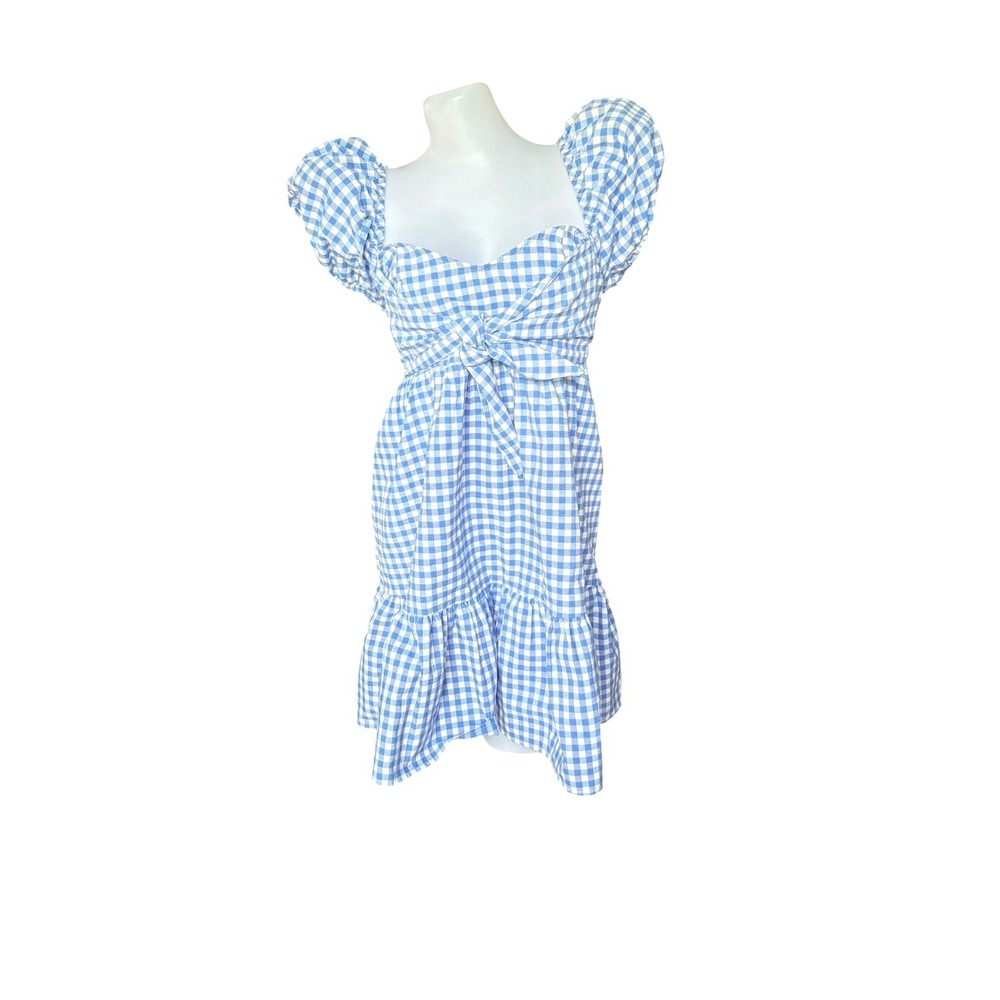Prairie Milkmaid‎ Cottagecore Blue Gingham Puff Sleeve Wrap Dress Size Large